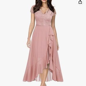 Pink V neck Elegant Lace Ruffle bridesmaid dress